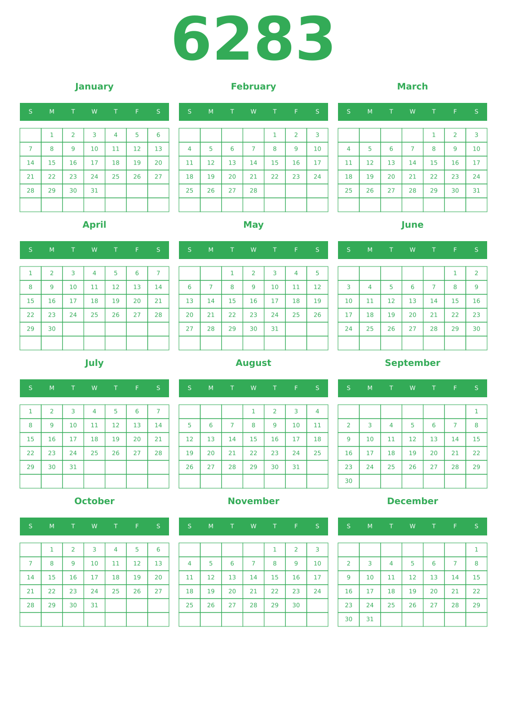 Printable 6283 Year Calendars green