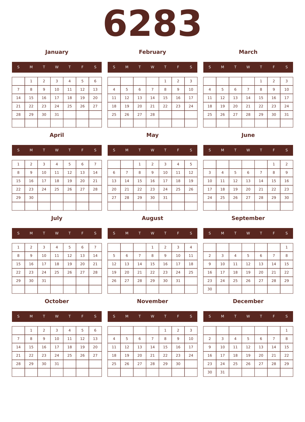 Printable 6283 Year Calendars mortuum