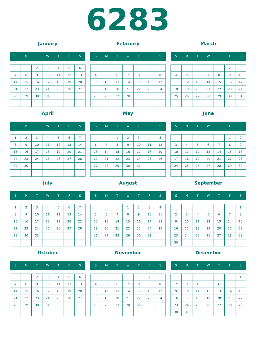 Printable 6283 Year Calendars pastel