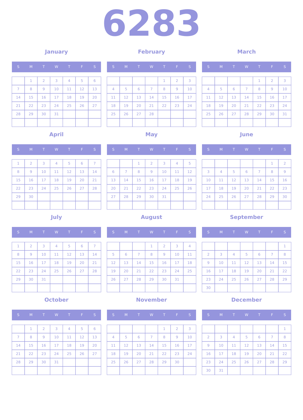 Printable 6283 Year Calendars periwinkle