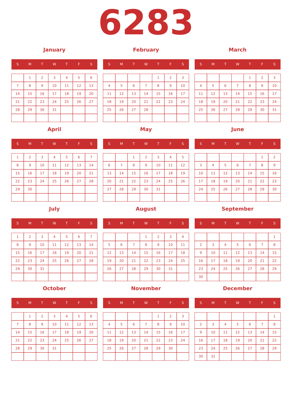 Printable 6283 Year Calendars red