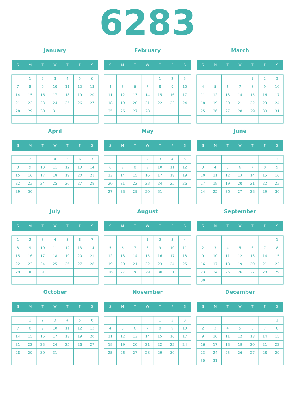 Printable 6283 Year Calendars verdigris