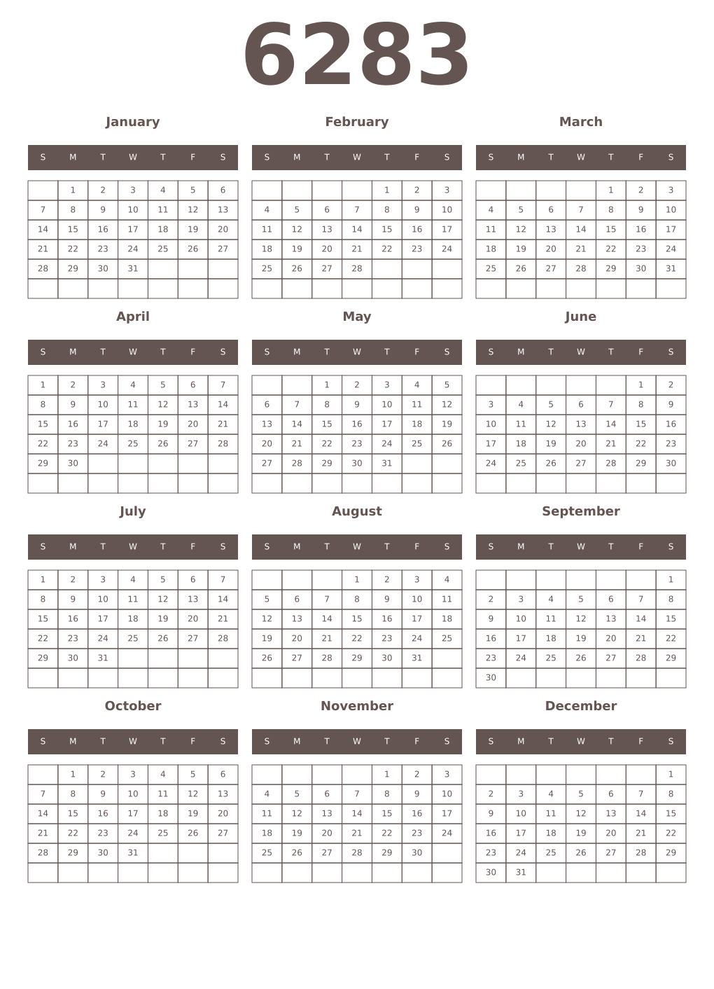 Printable 6283 Year Calendars wenge