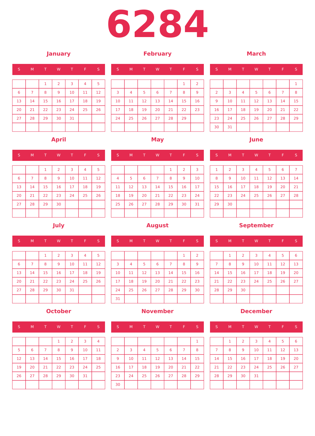 Printable 6284 Year Calendars amaranth