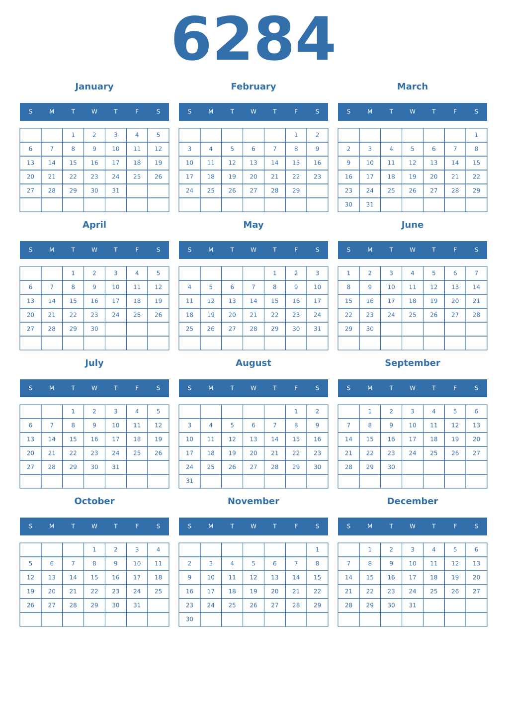 Printable 6284 Year Calendars blue
