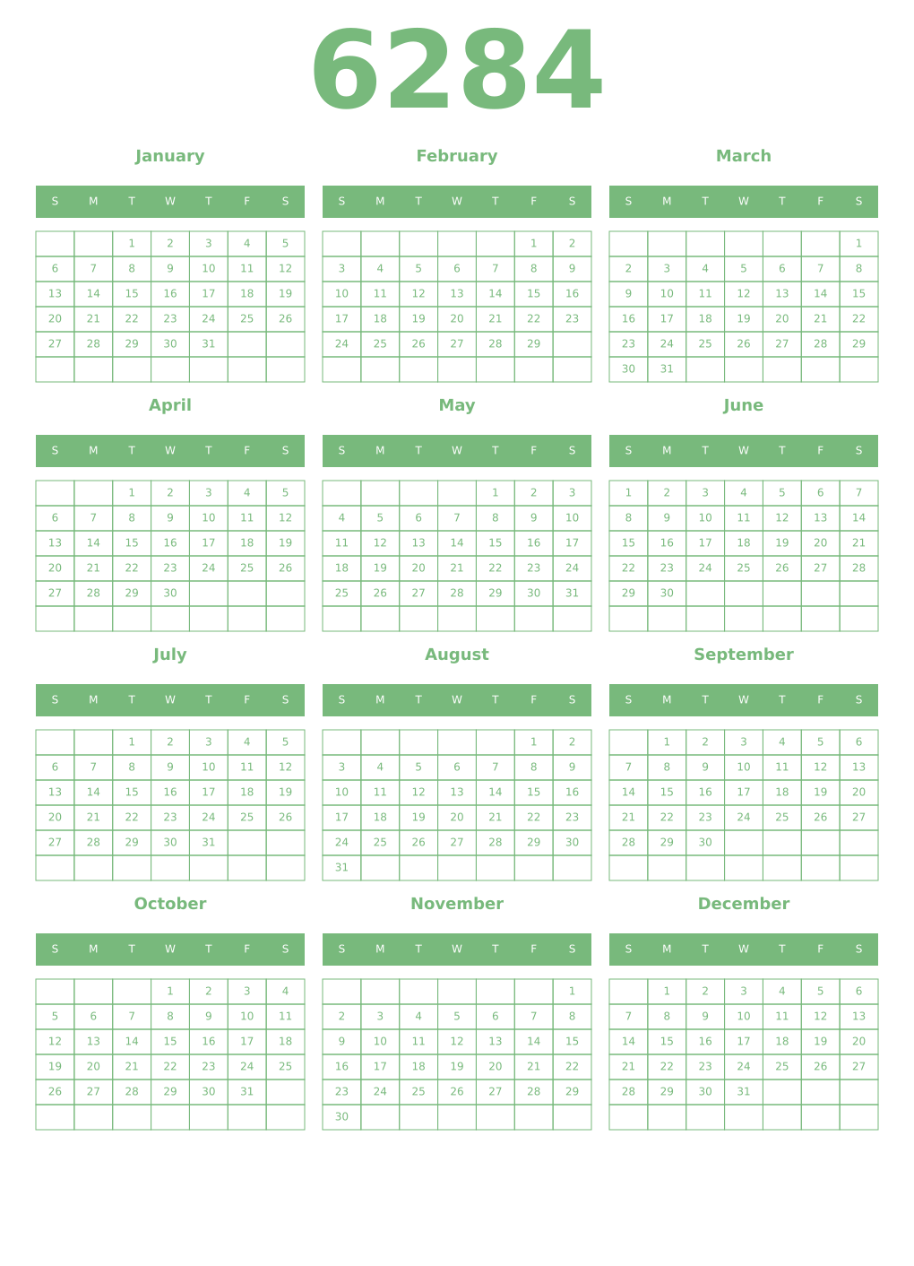 Printable 6284 Year Calendars celadon