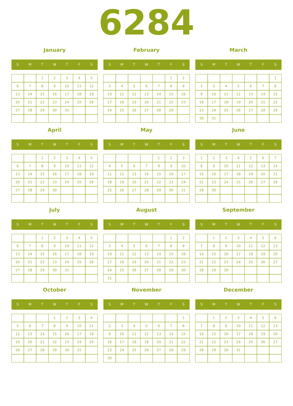 Printable 6284 Year Calendars chartreuse