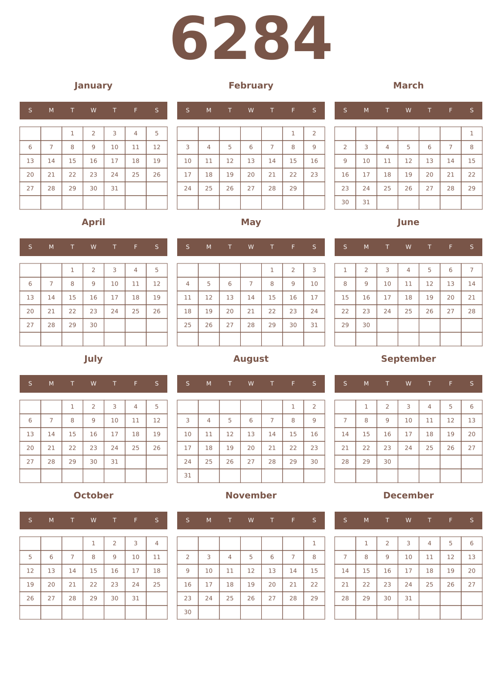 Printable 6284 Year Calendars coffe