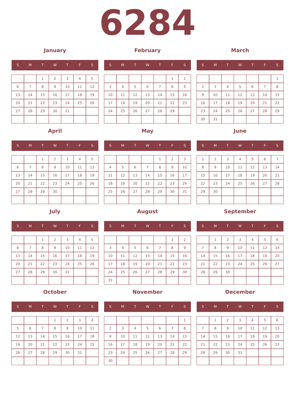 Printable 6284 Year Calendars cordovan