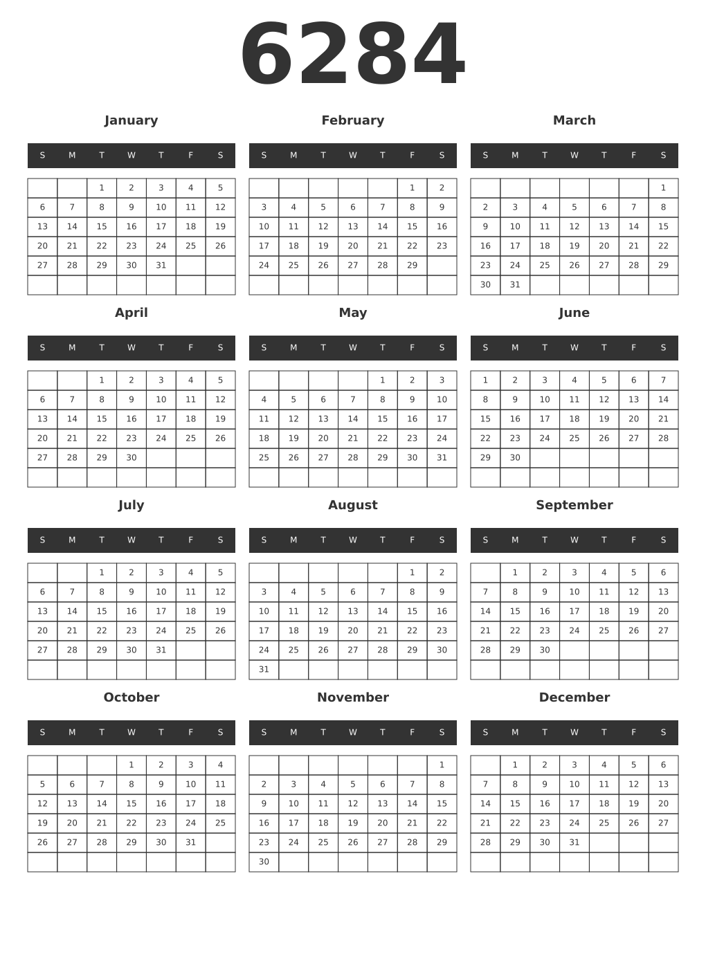 Printable 6284 Year Calendars dark