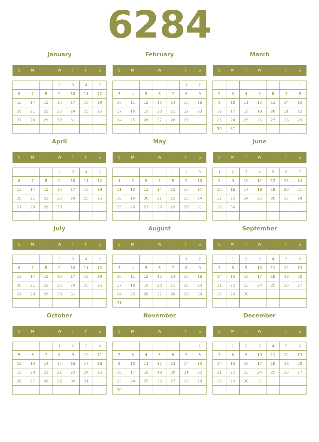 Printable 6284 Year Calendars eburnean