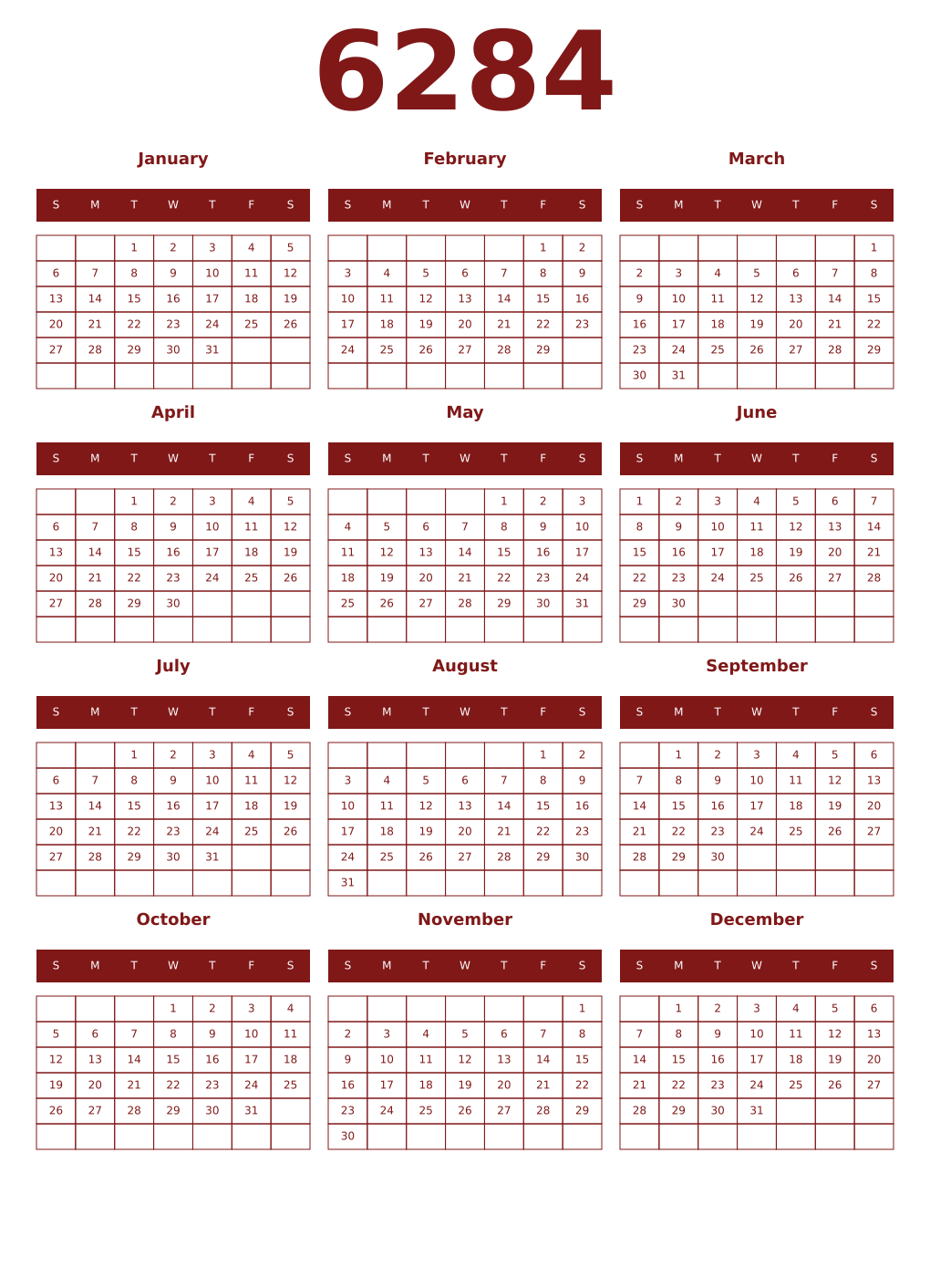 Printable 6284 Year Calendars falu