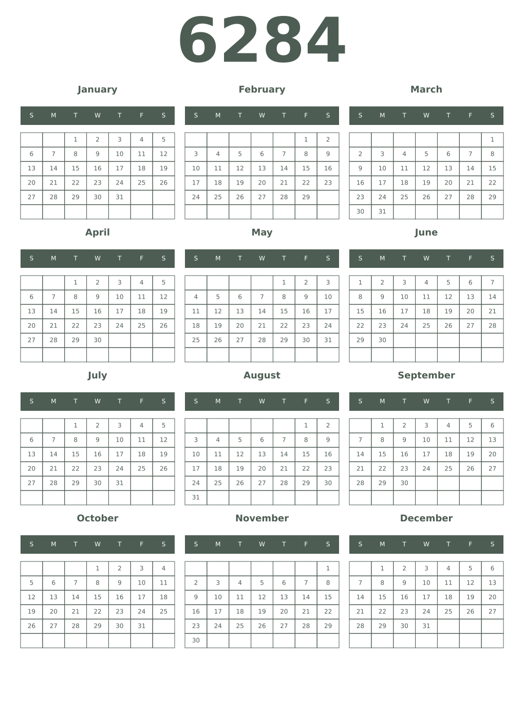 Printable 6284 Year Calendars feldgrau