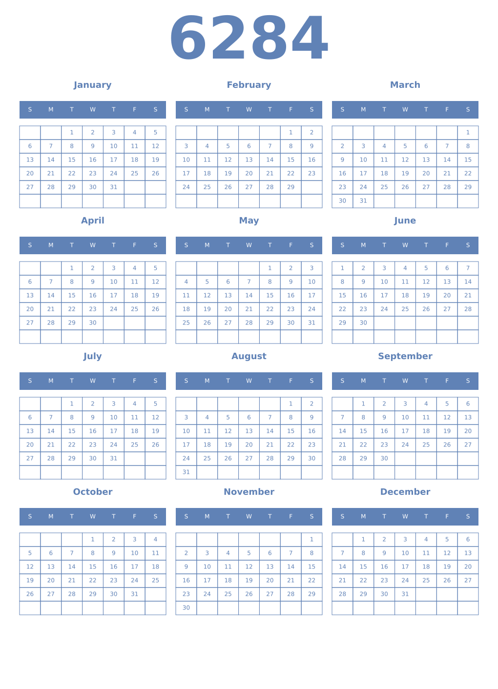 Printable 6284 Year Calendars glaucous