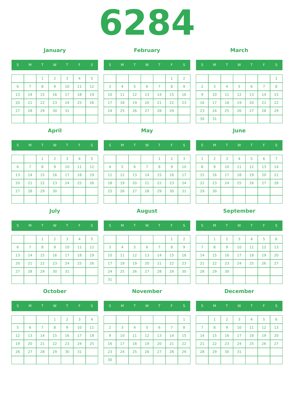 Printable 6284 Year Calendars green