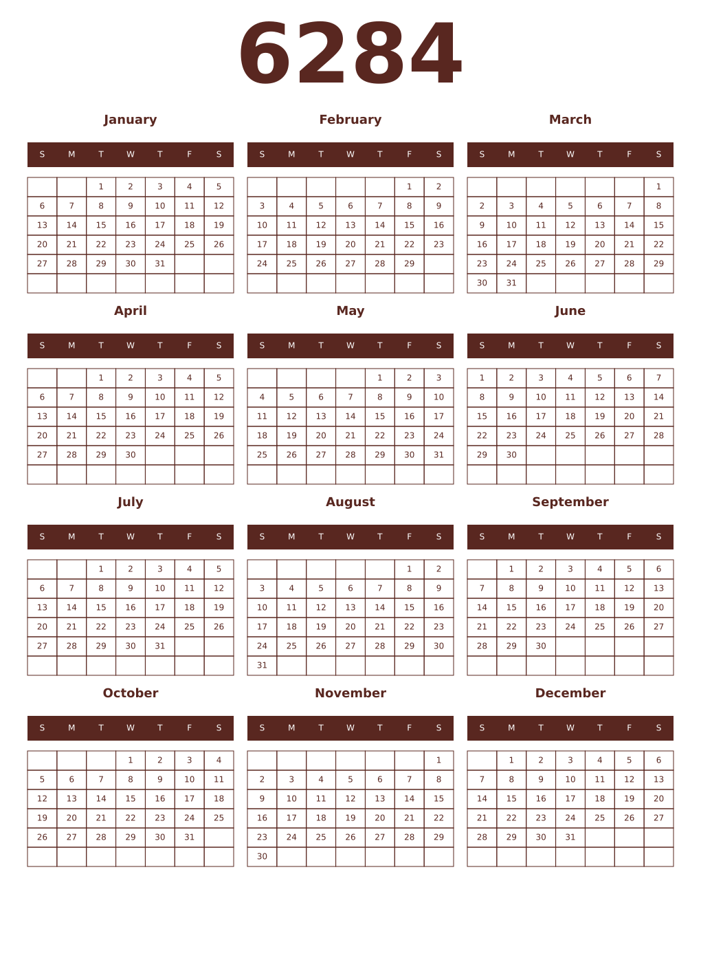 Printable 6284 Year Calendars mortuum