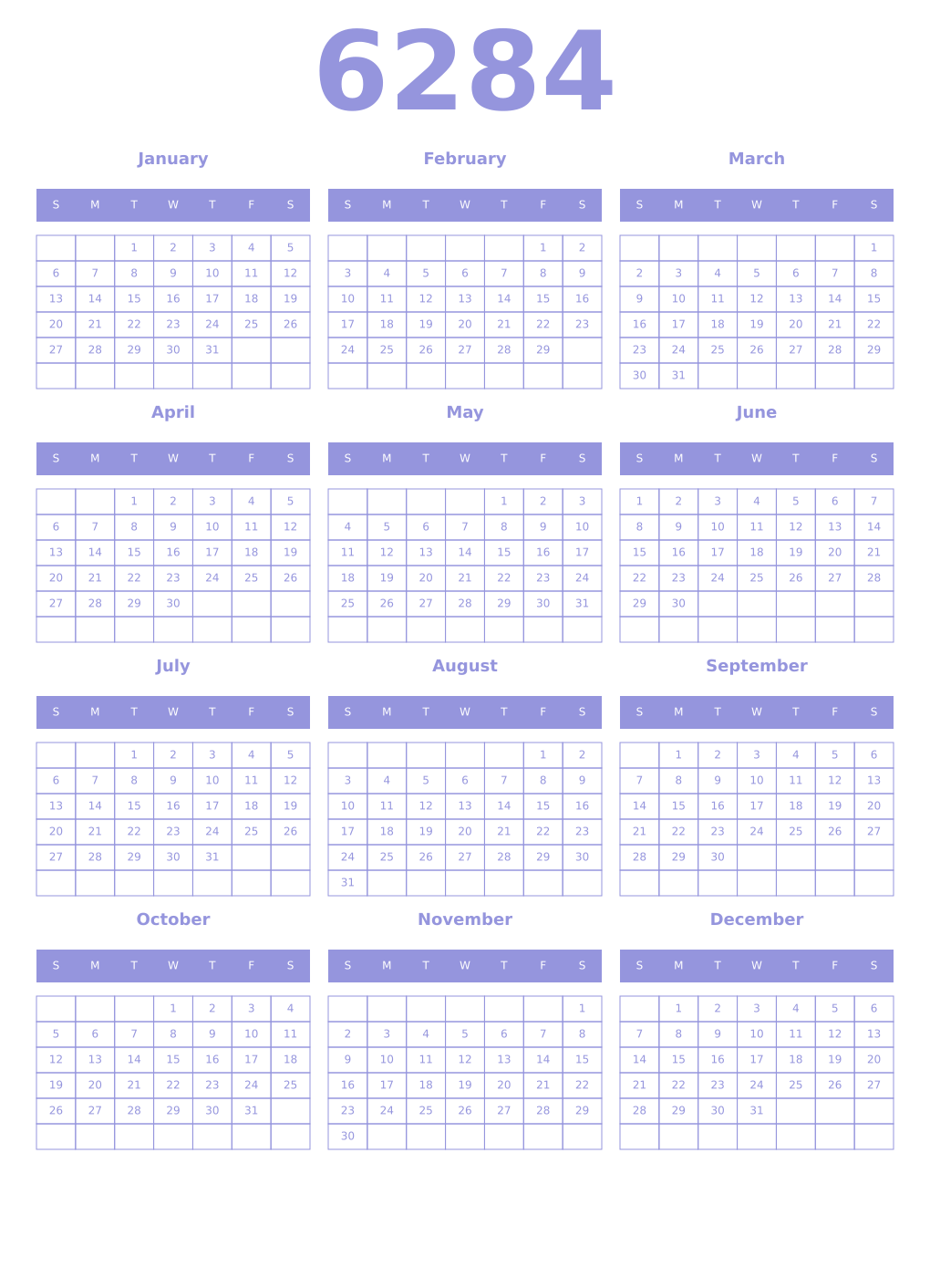 Printable 6284 Year Calendars periwinkle