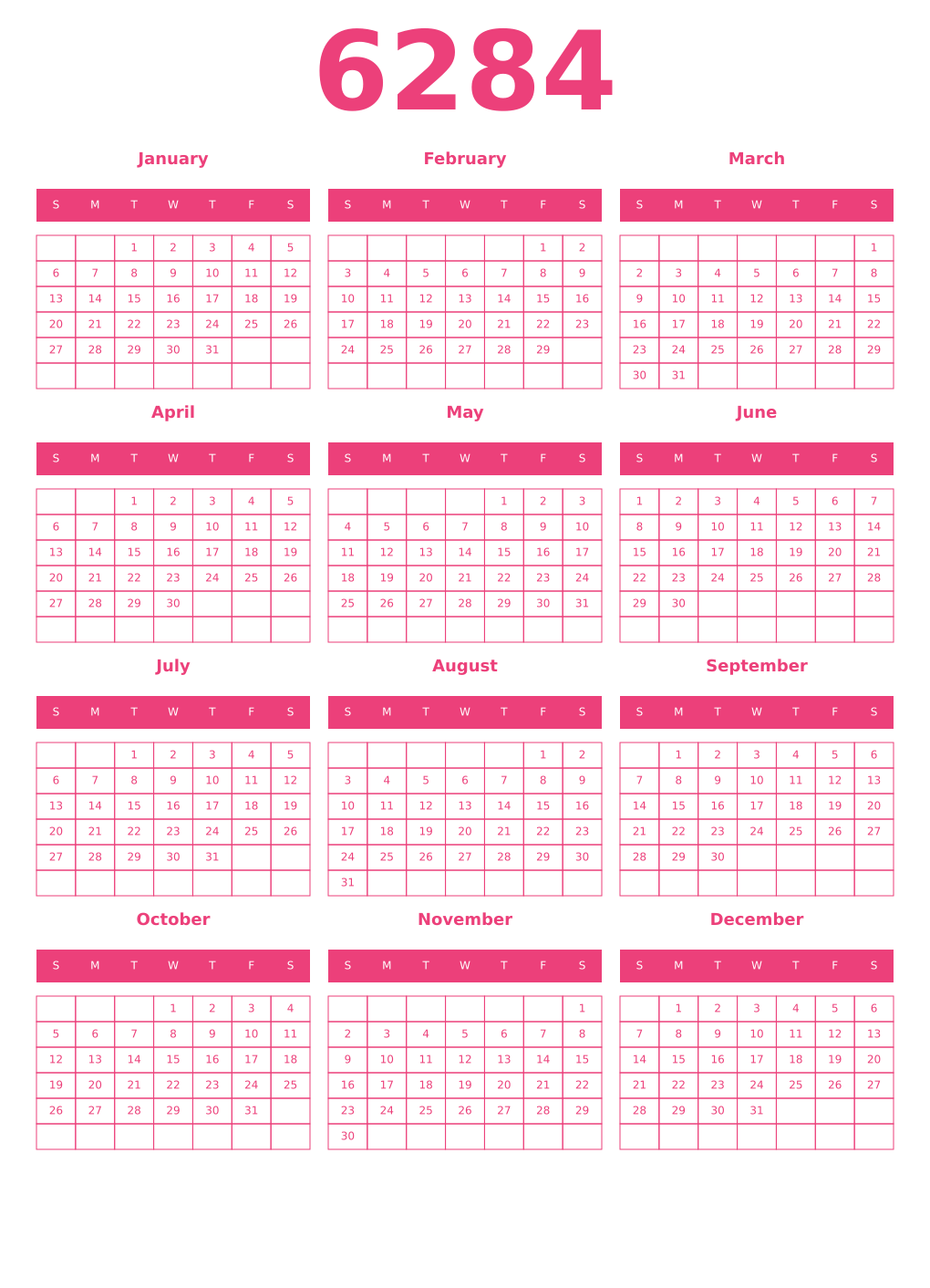 Printable 6284 Year Calendars pink