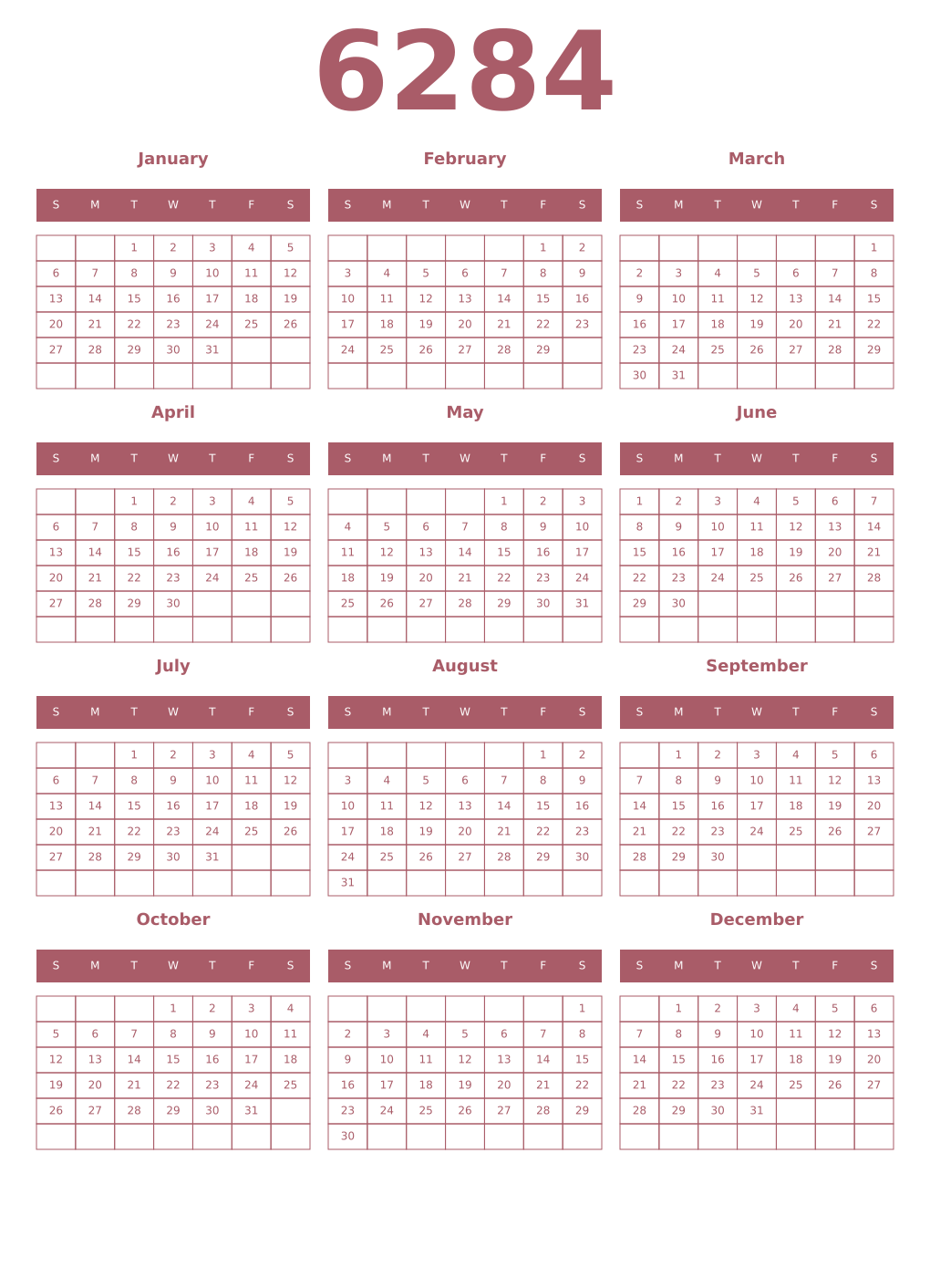 Printable 6284 Year Calendars puce