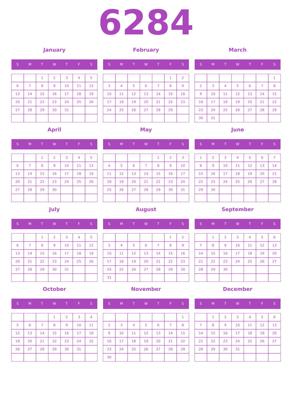 Printable 6284 Year Calendars purple