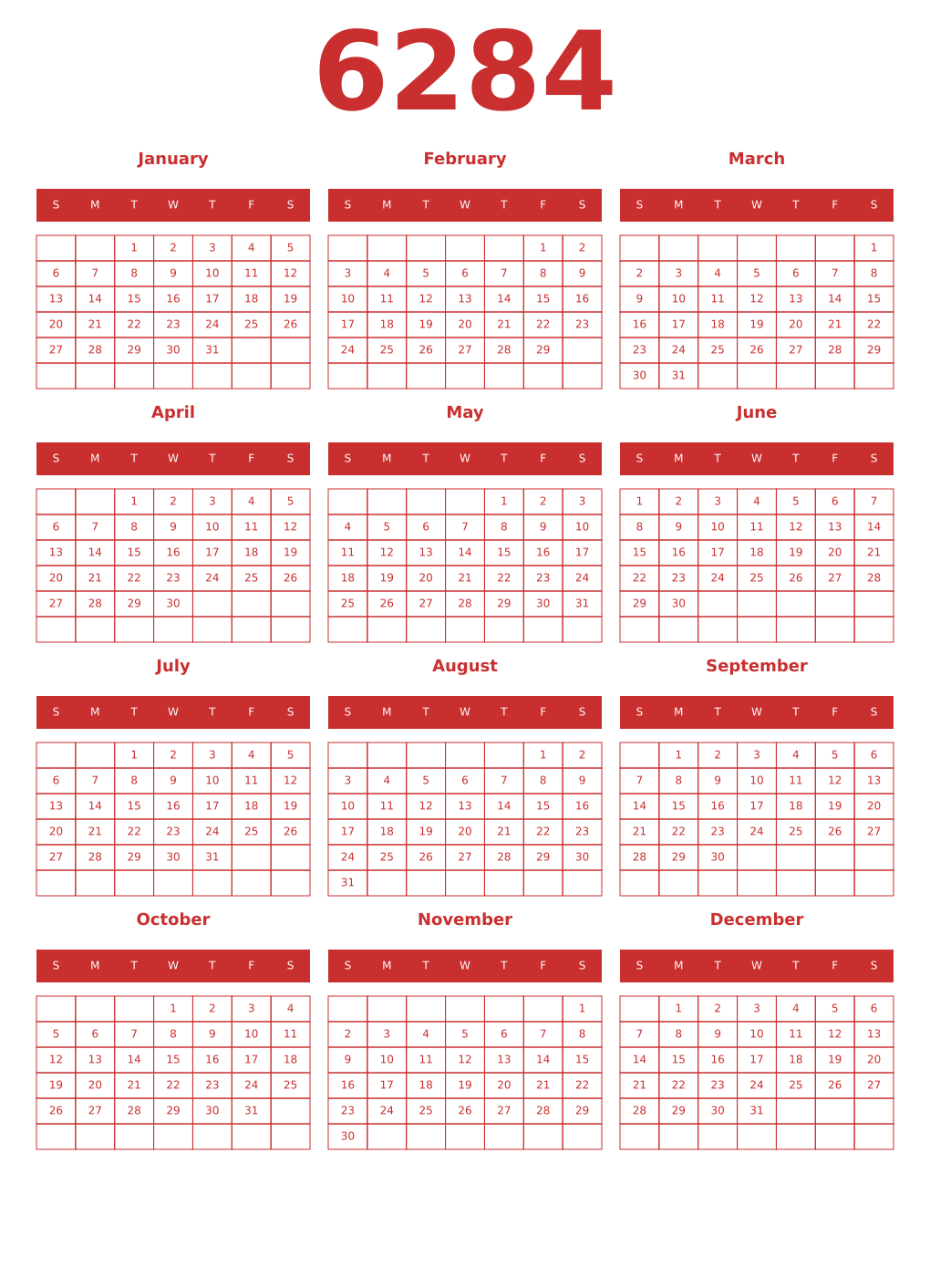 Printable 6284 Year Calendars red
