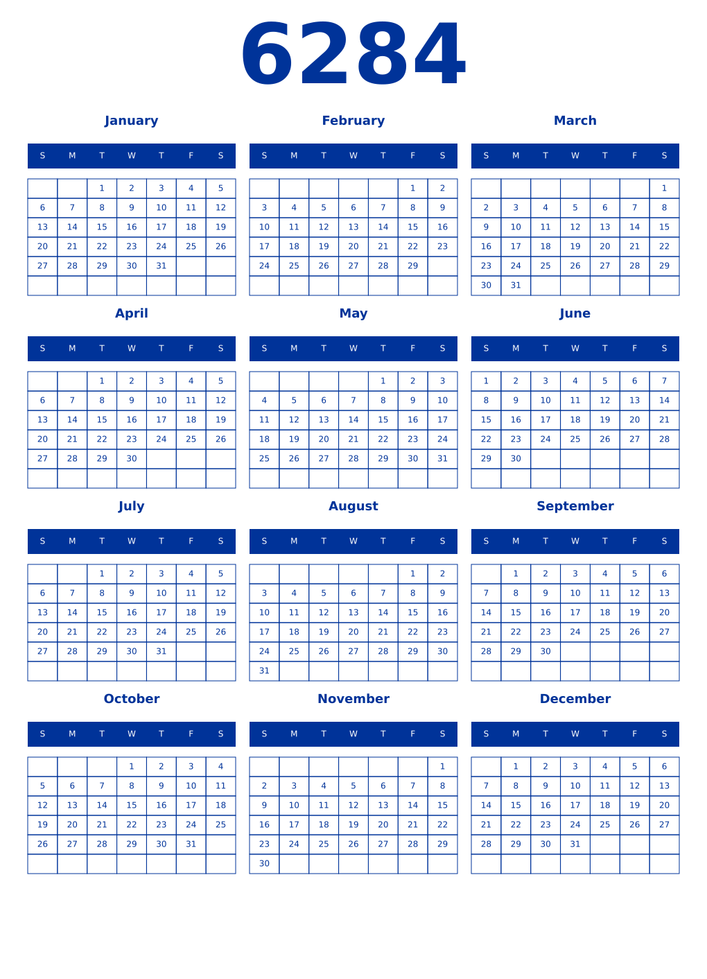 Printable 6284 Year Calendars smalt
