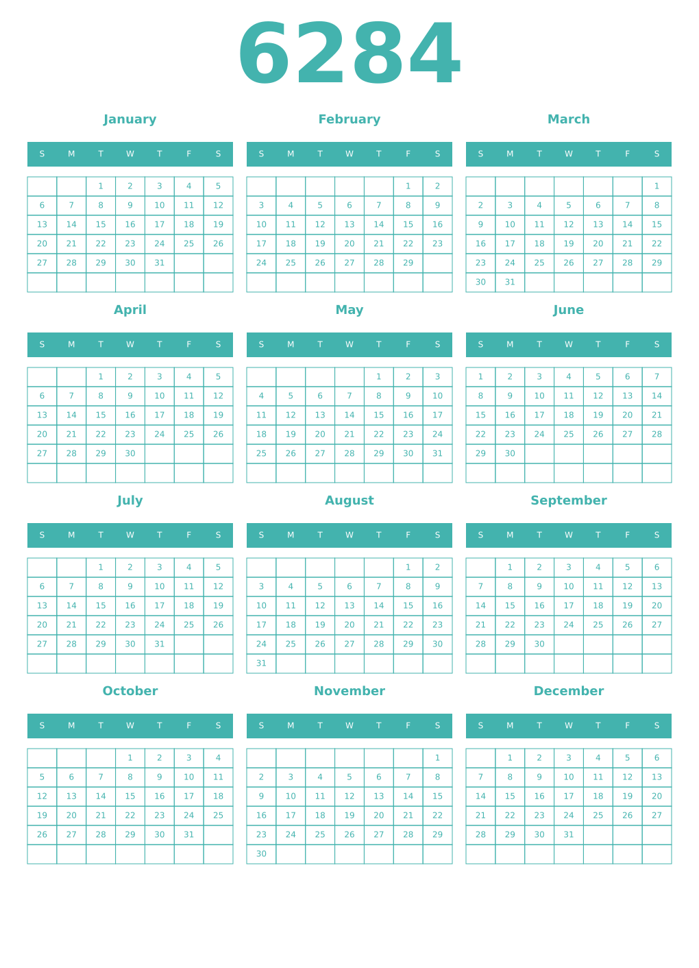 Printable 6284 Year Calendars verdigris
