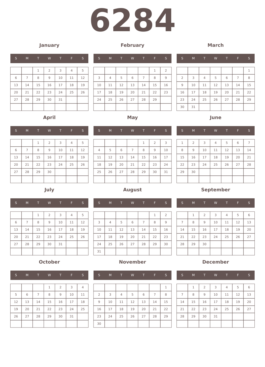 Printable 6284 Year Calendars wenge