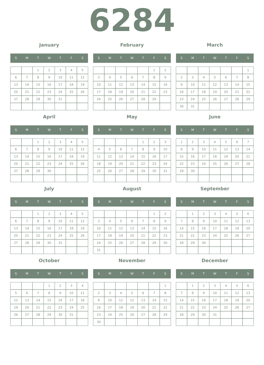 Printable 6284 Year Calendars xanadu