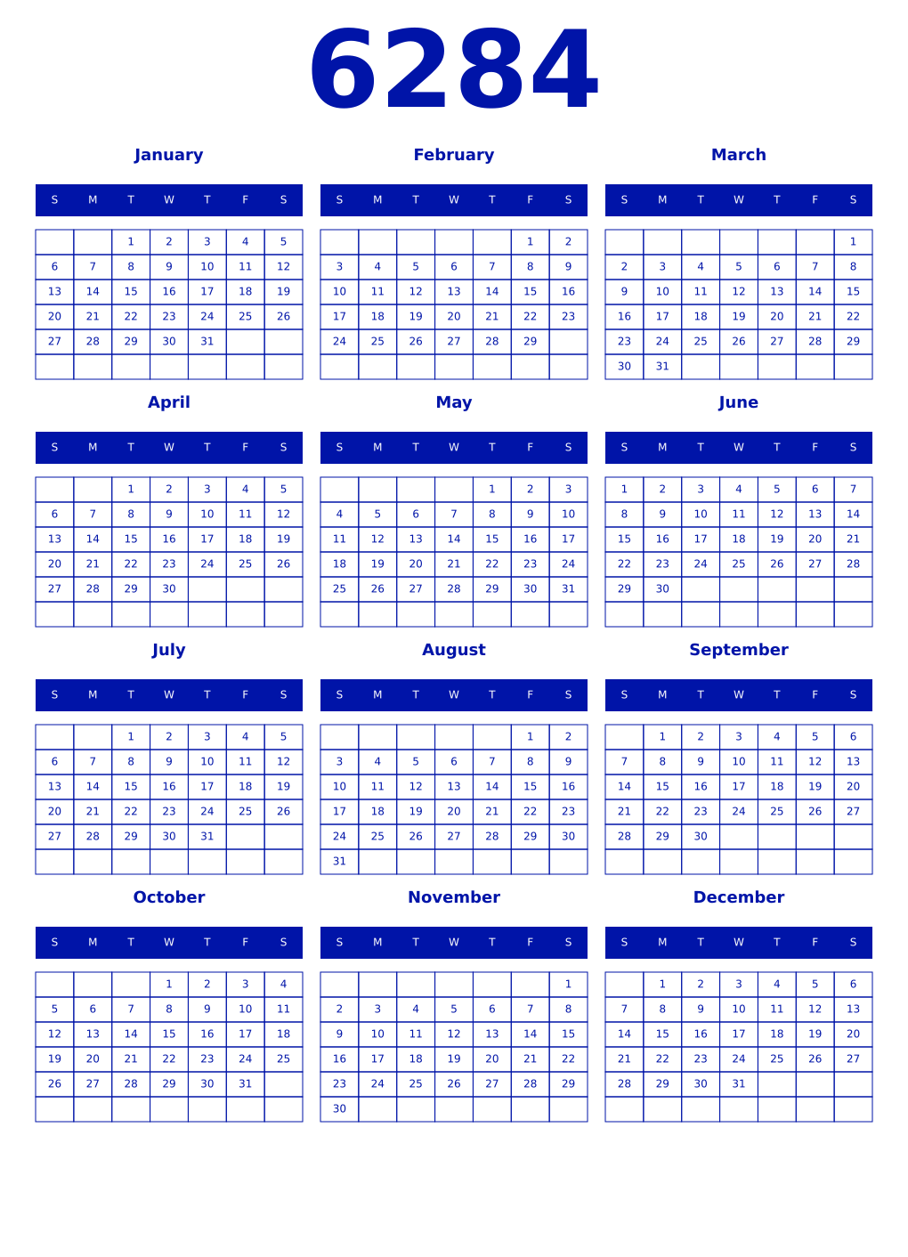 Printable 6284 Year Calendars zaffre