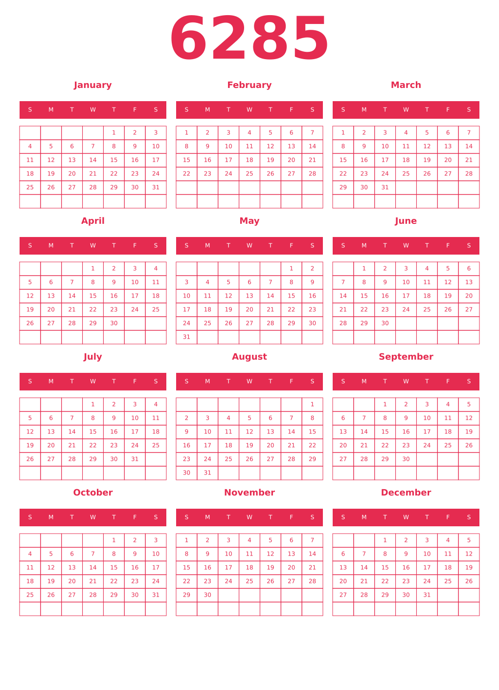 Printable 6285 Year Calendars amaranth