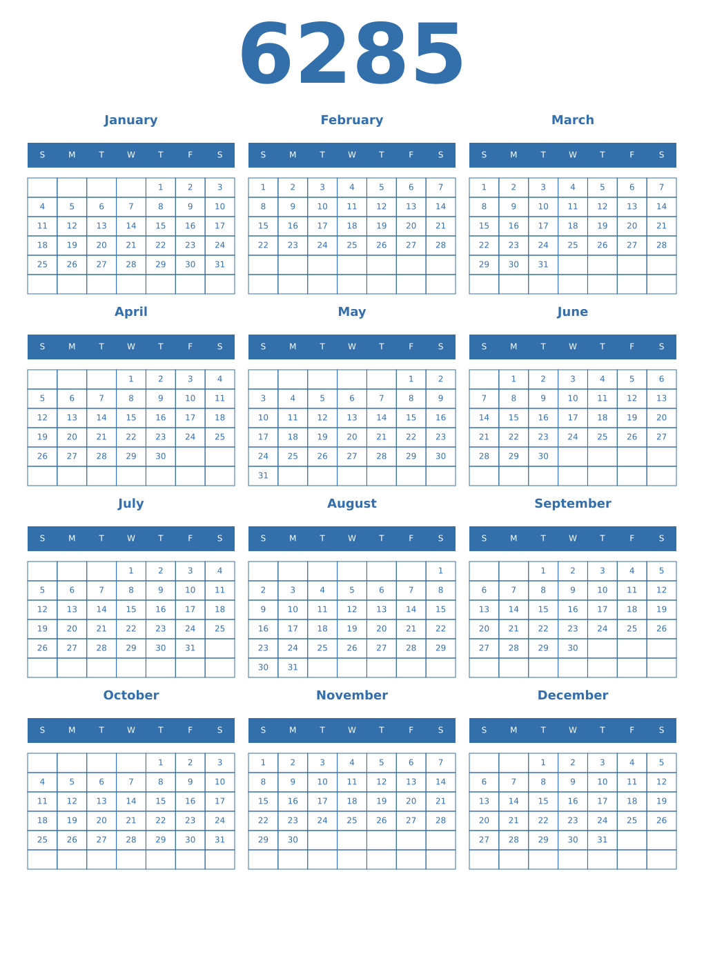 Printable 6285 Year Calendars blue