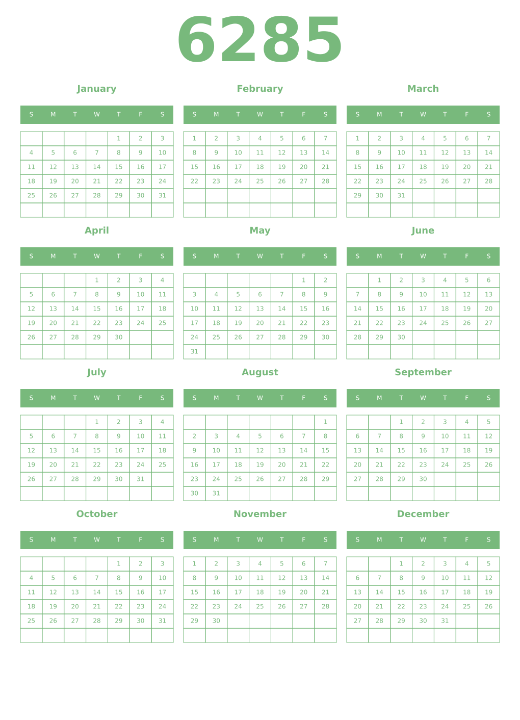 Printable 6285 Year Calendars celadon