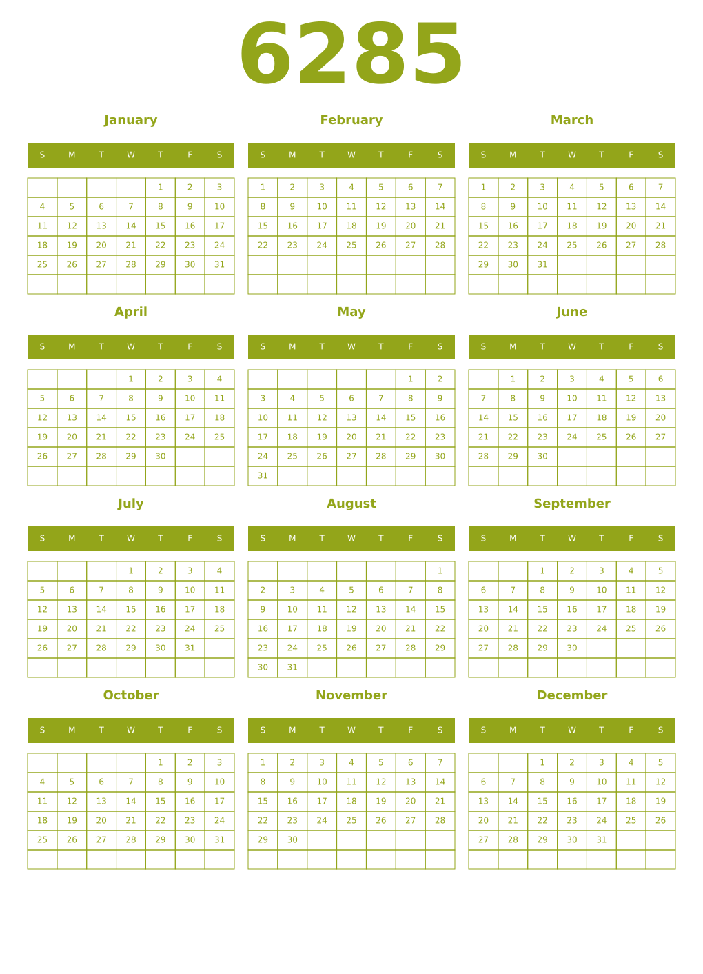 Printable 6285 Year Calendars chartreuse