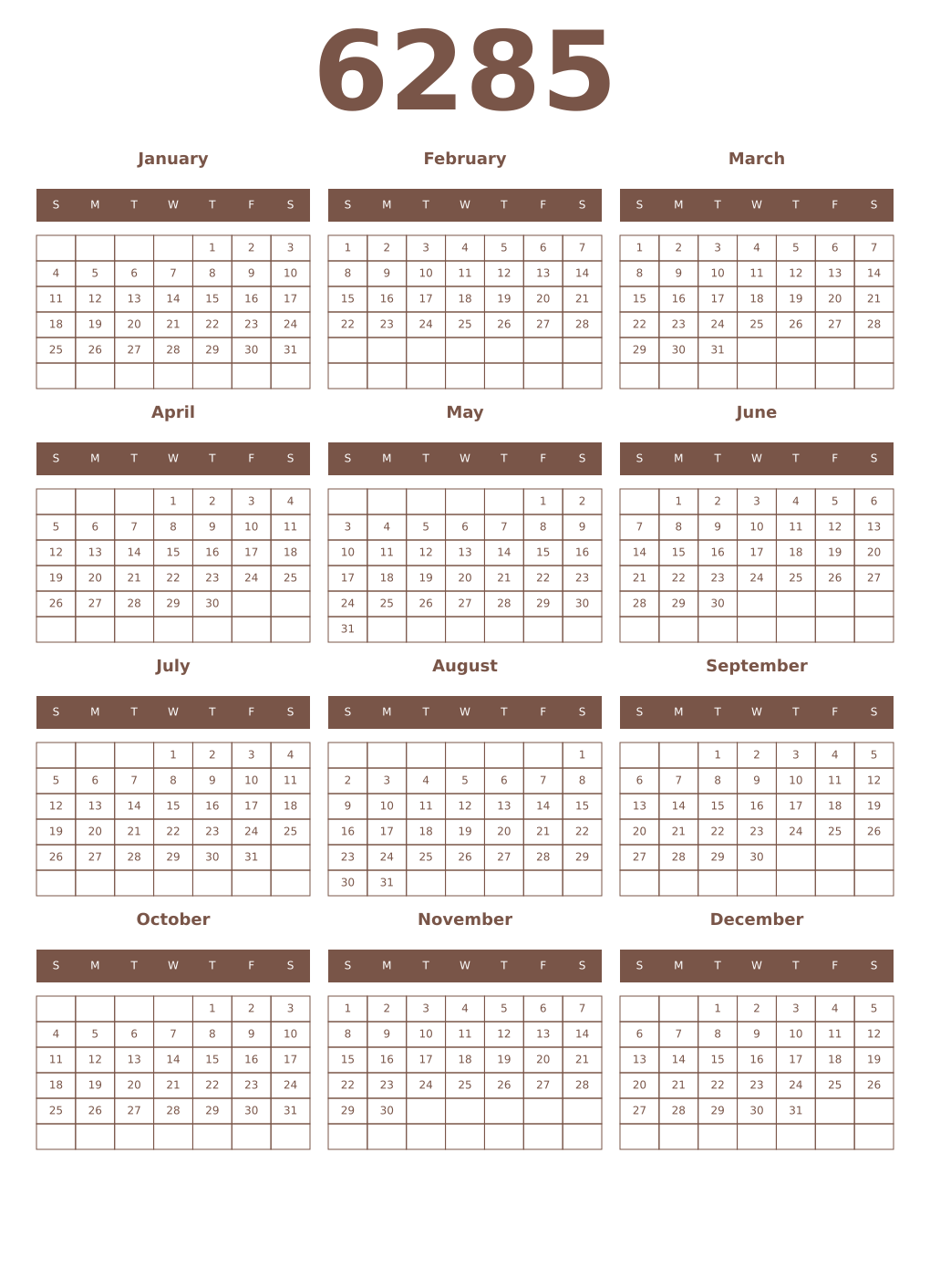 Printable 6285 Year Calendars coffe