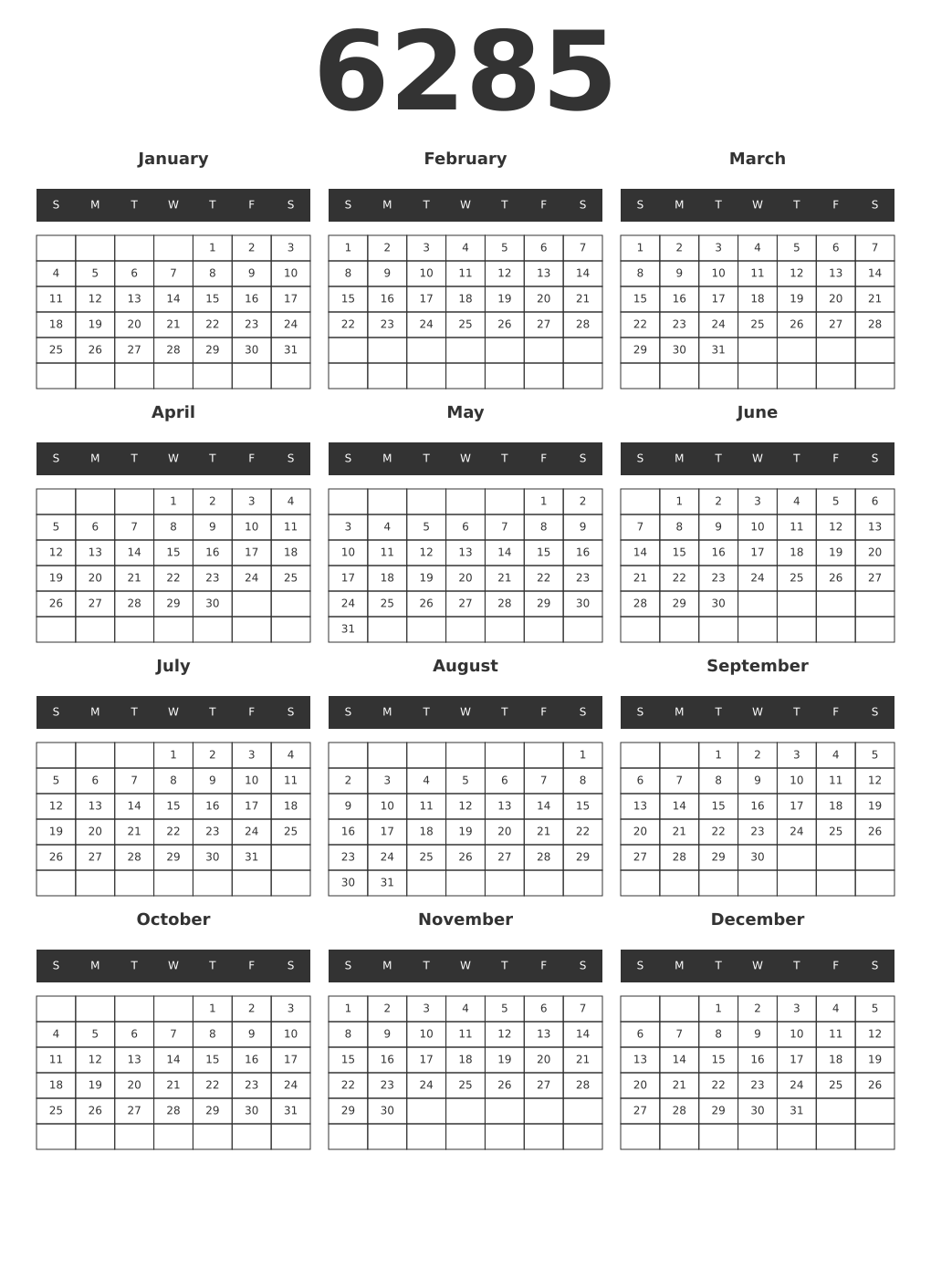 Printable 6285 Year Calendars dark