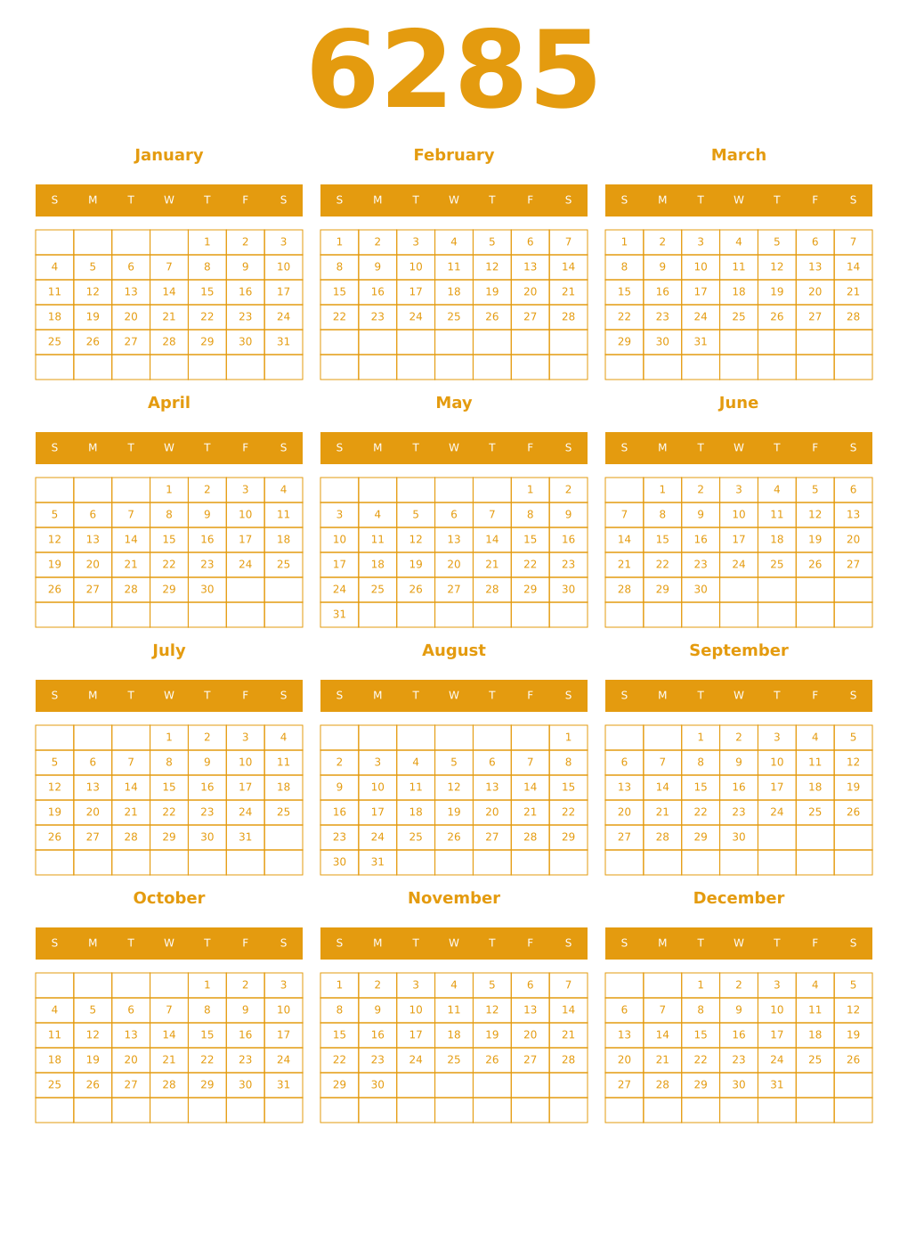 Printable 6285 Year Calendars gamboge