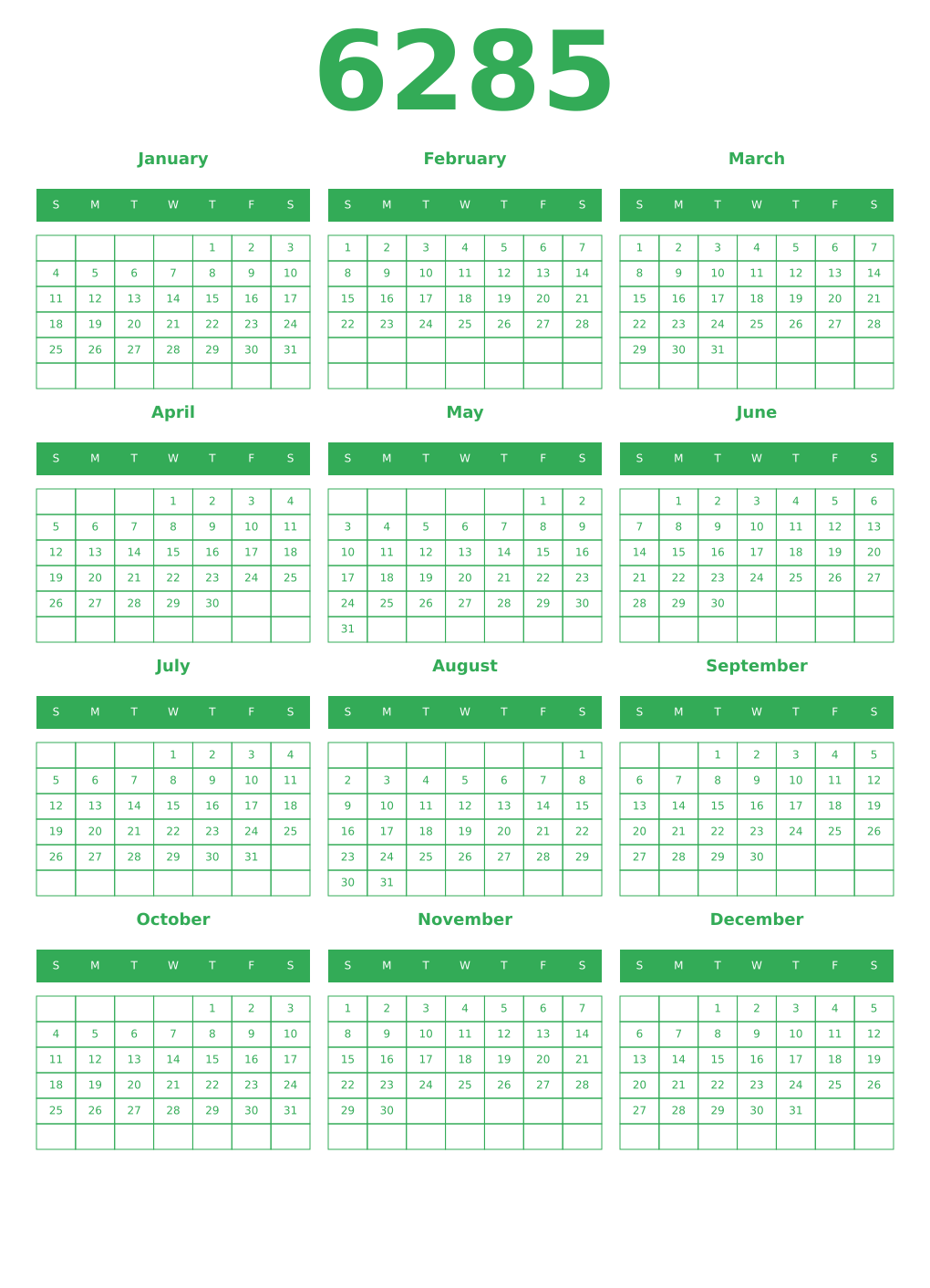 Printable 6285 Year Calendars green