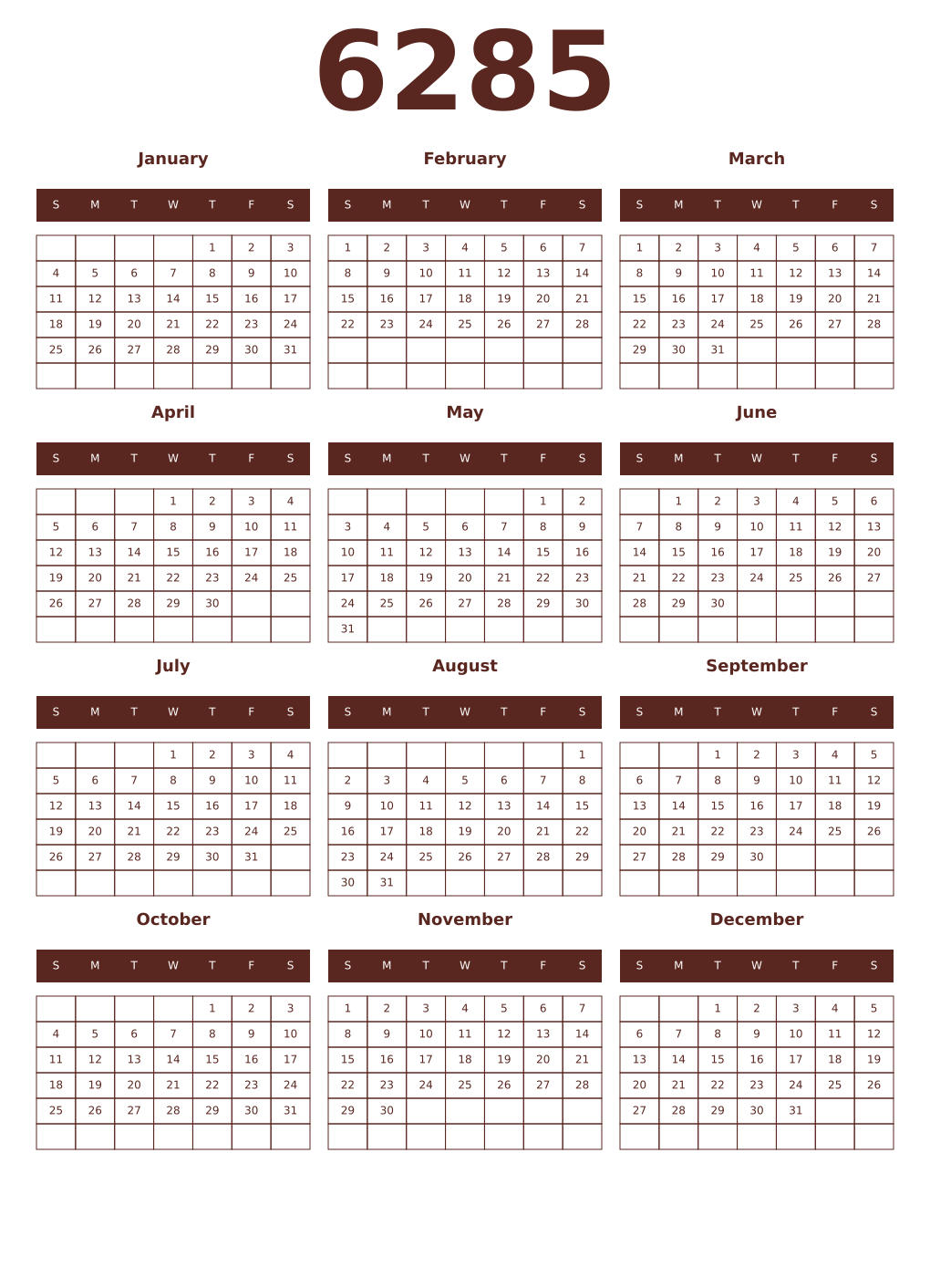 Printable 6285 Year Calendars mortuum