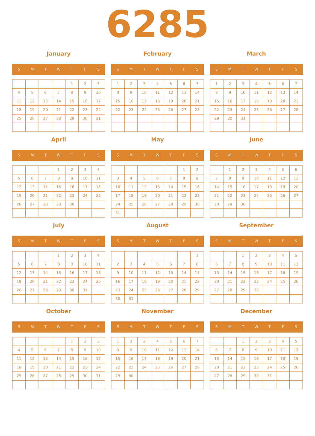 Printable 6285 Year Calendars orange