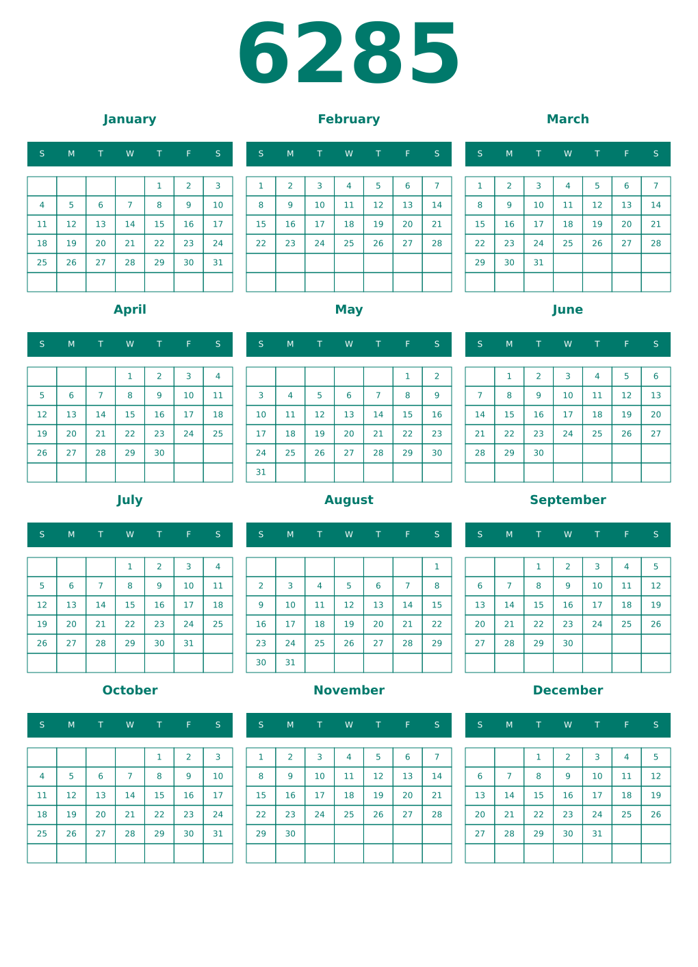Printable 6285 Year Calendars pastel