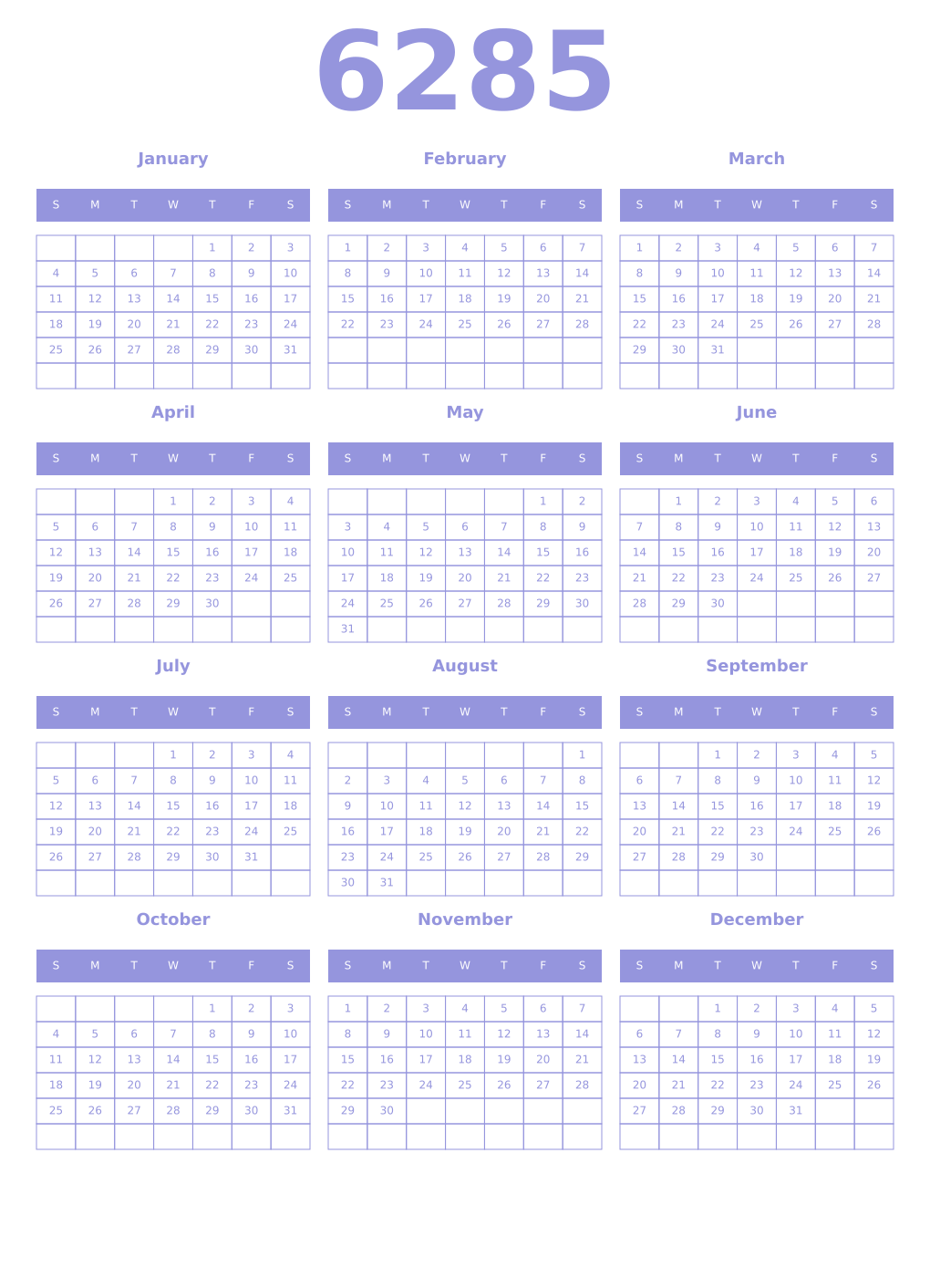 Printable 6285 Year Calendars periwinkle
