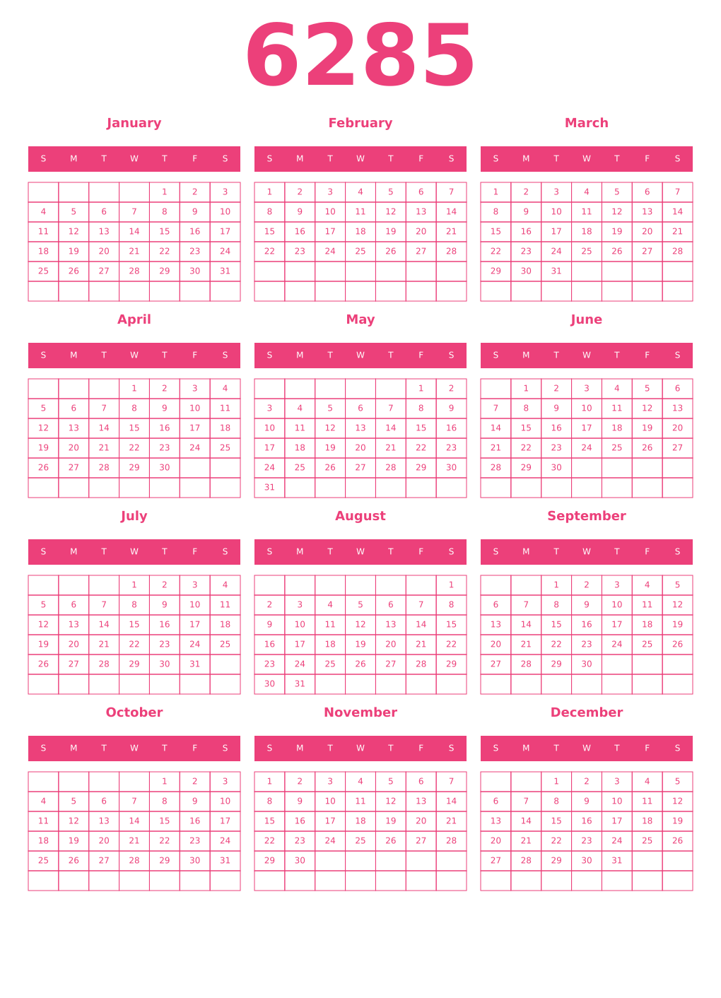 Printable 6285 Year Calendars pink