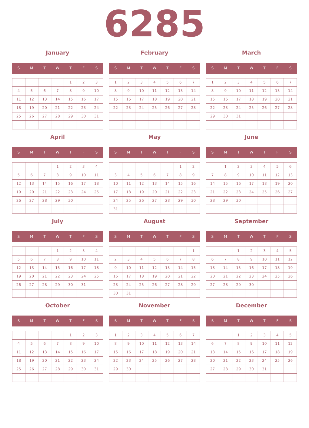 Printable 6285 Year Calendars puce