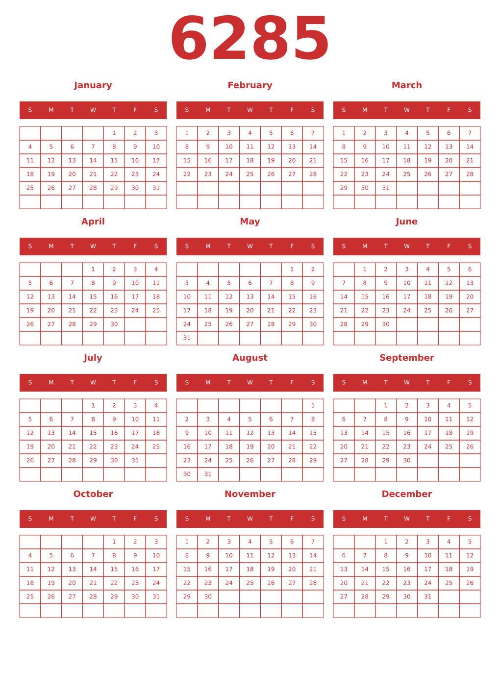 Printable 6285 Year Calendars red