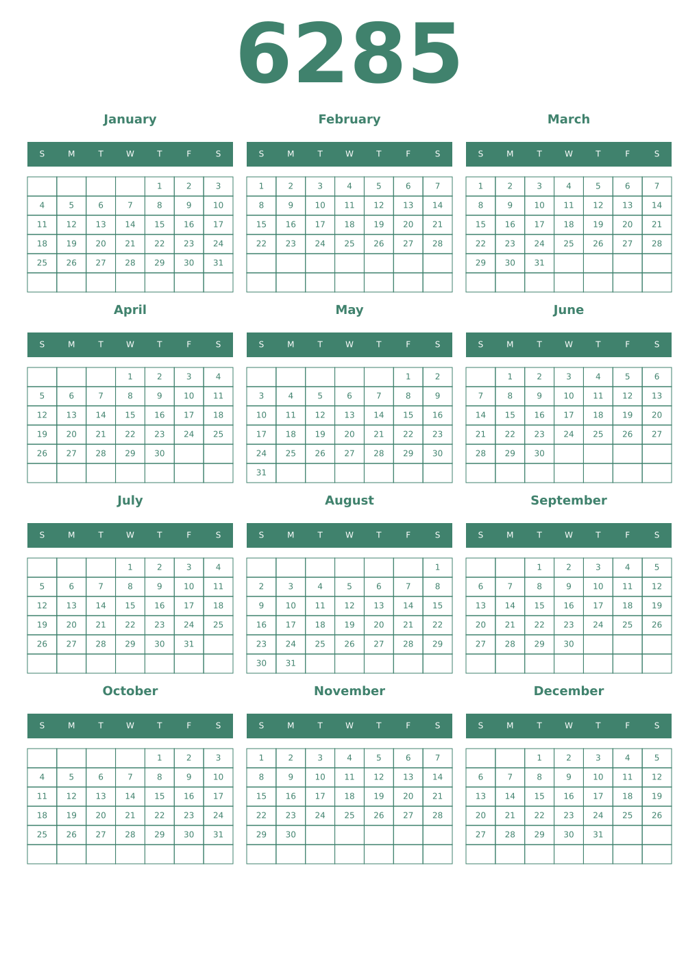 Printable 6285 Year Calendars viridian