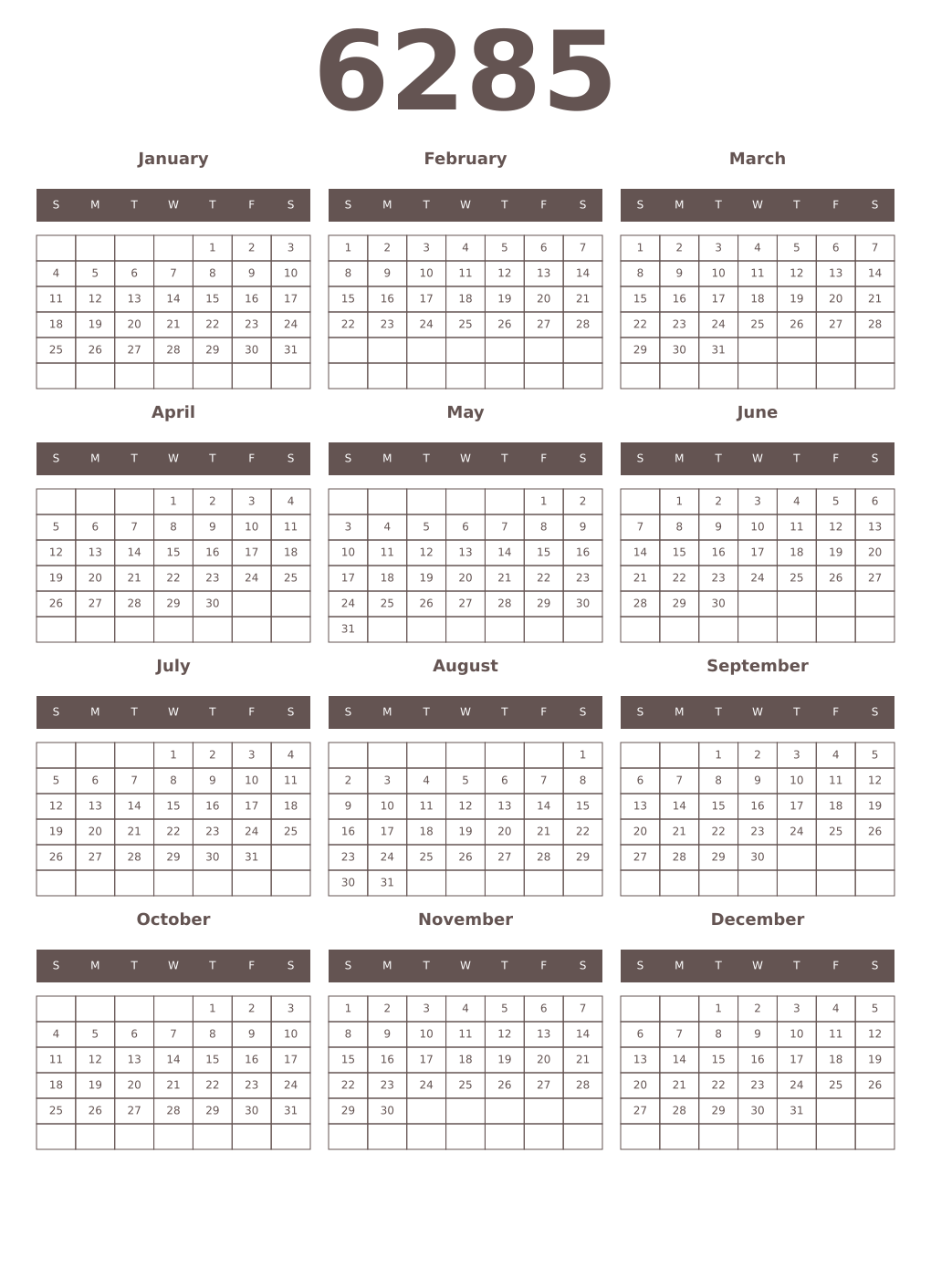 Printable 6285 Year Calendars wenge