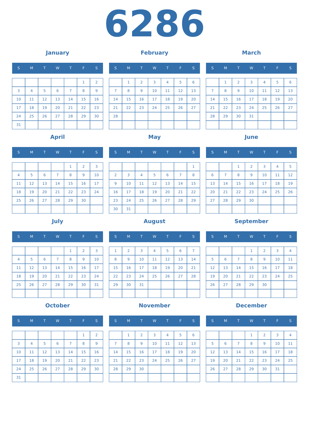 Printable 6286 Year Calendars blue