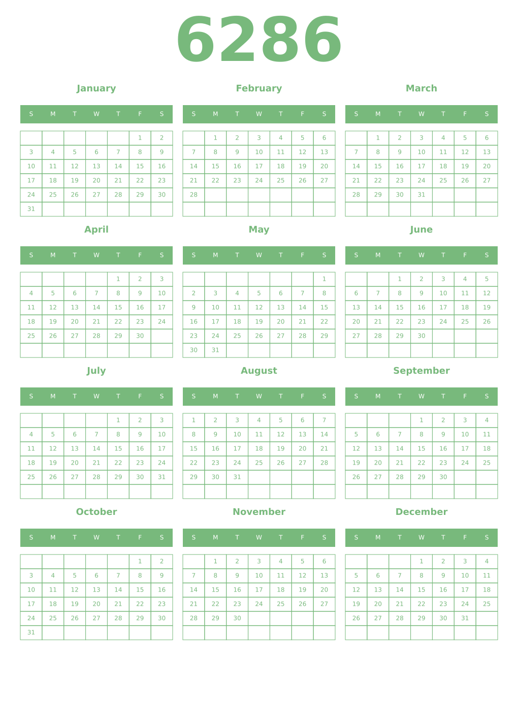 Printable 6286 Year Calendars celadon
