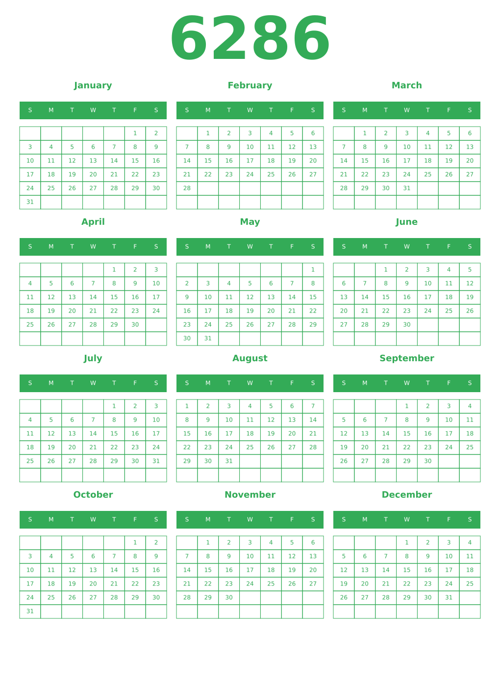 Printable 6286 Year Calendars green
